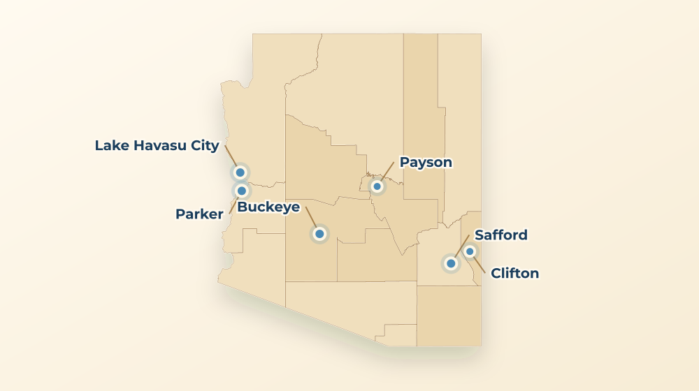 Accurate Arizona land service area map with county boundaries and major city labels